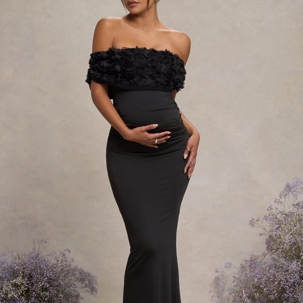 Mesh Floral Bardot Maternity Maxi Dress